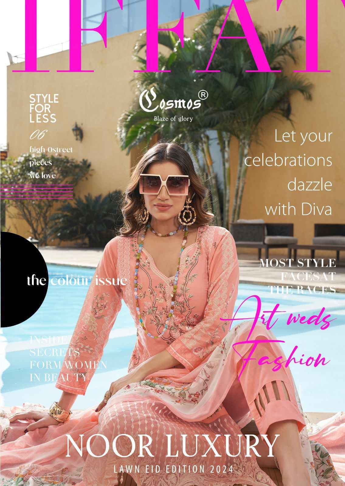 Cosmos Noor Luxury Lawn Eid Edition 2024 Collection Dress Material 6 Pc Catalog