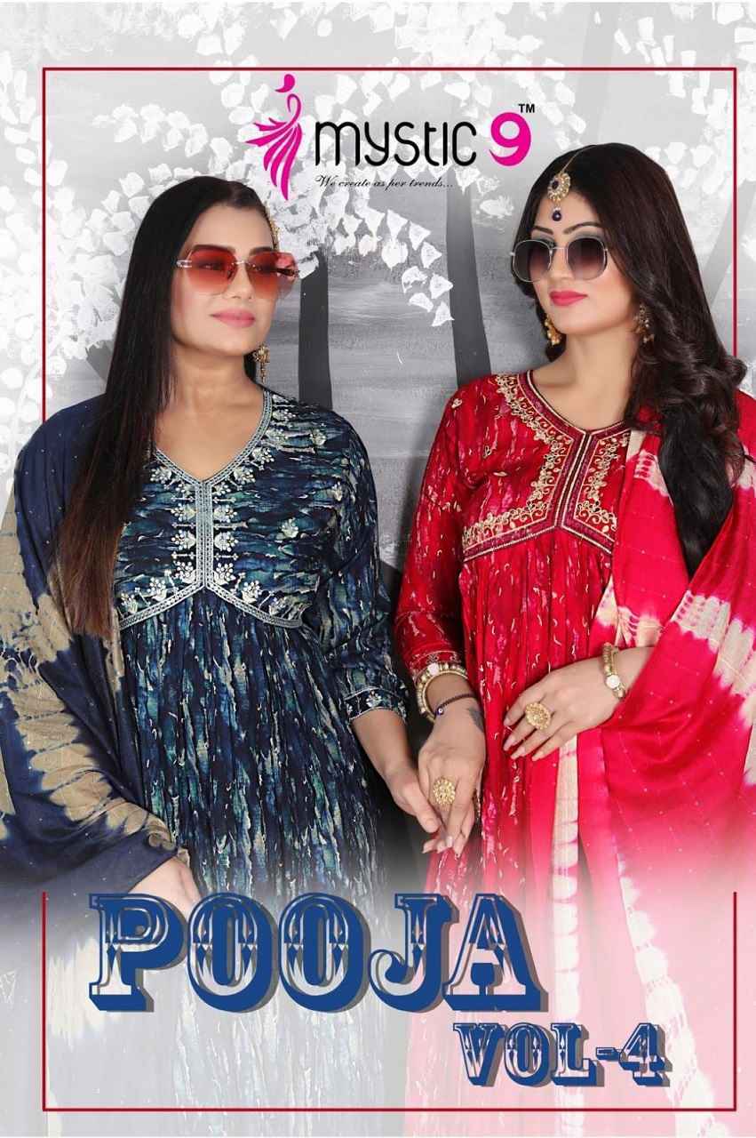 Mystic 9 Pooja Vol-4 Readymade Rayon Dress 8 pcs Catalogue