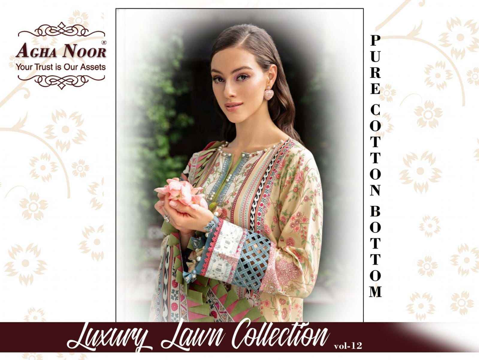Agha Noor Luxury Lawn Collection Vol-12 Lawn Cotton Dress Material 6 pcs Cataloge