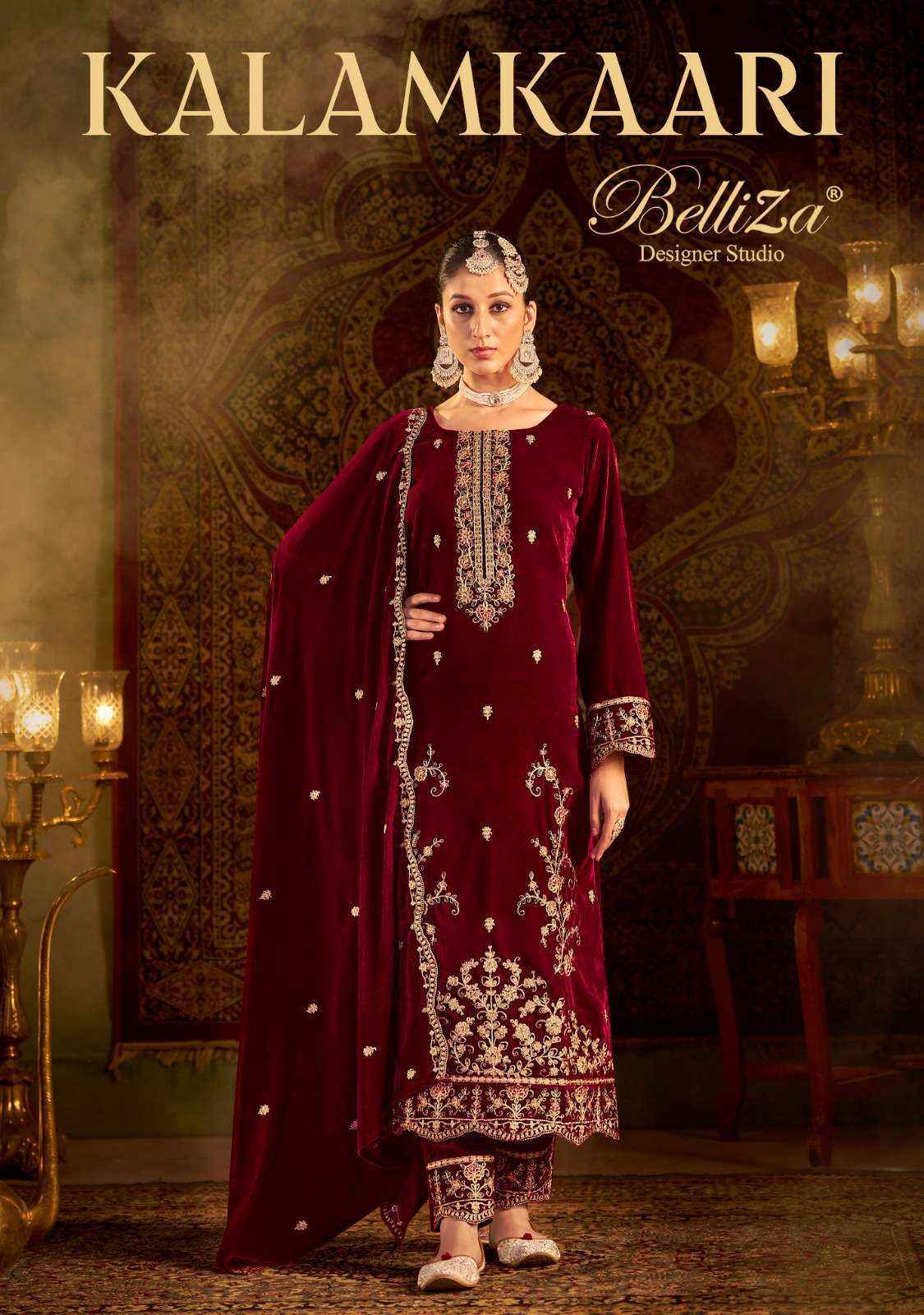 Belliza Kalamkaari Velvet Embroidery Dress Material 4 Pc Cataloge