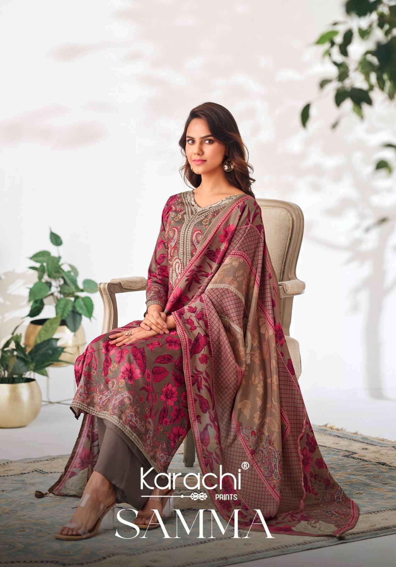 Karachi Prints Samma Jam Satin Dress Material 4 pcs Catalogue