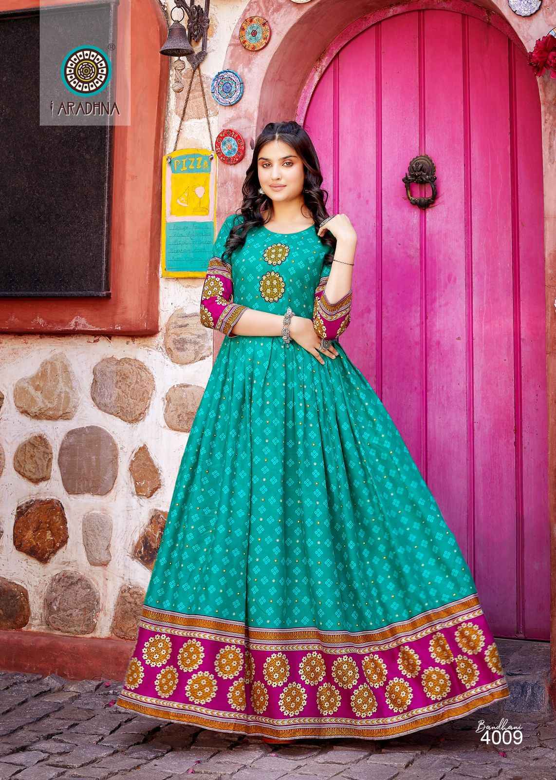 Aradhna Fashion Bandhani Vol 4 Rayon Gown 12 pcs Catalogue