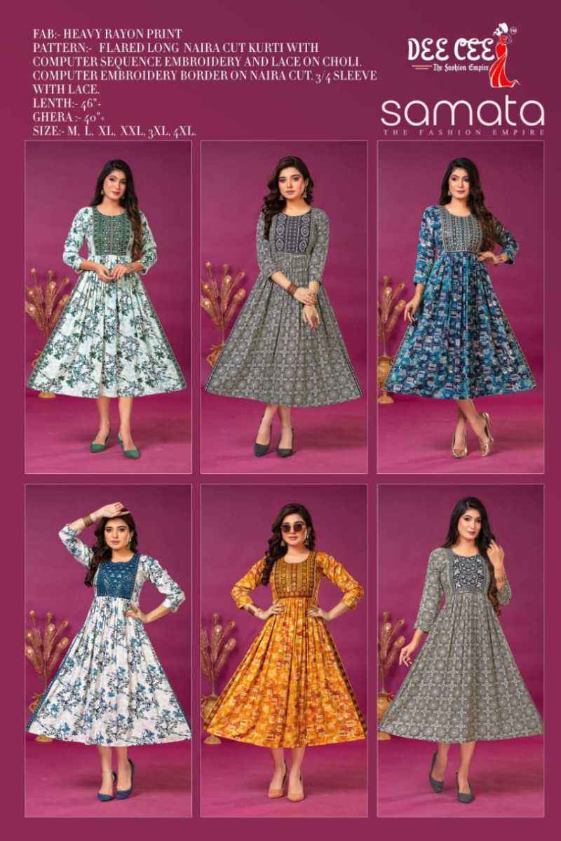 Dee Cee Samata Rayon Long Flared Kurti 6 pcs Catalogue