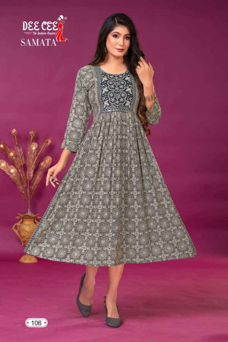 Dee Cee Samata Rayon Long Flared Kurti 6 pcs Catalogue