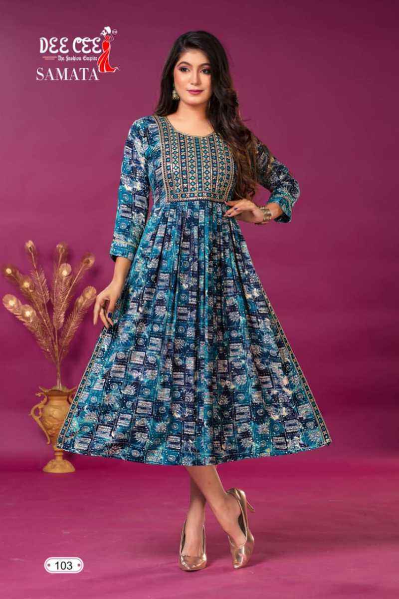 Dee Cee Samata Rayon Long Flared Kurti 6 pcs Catalogue