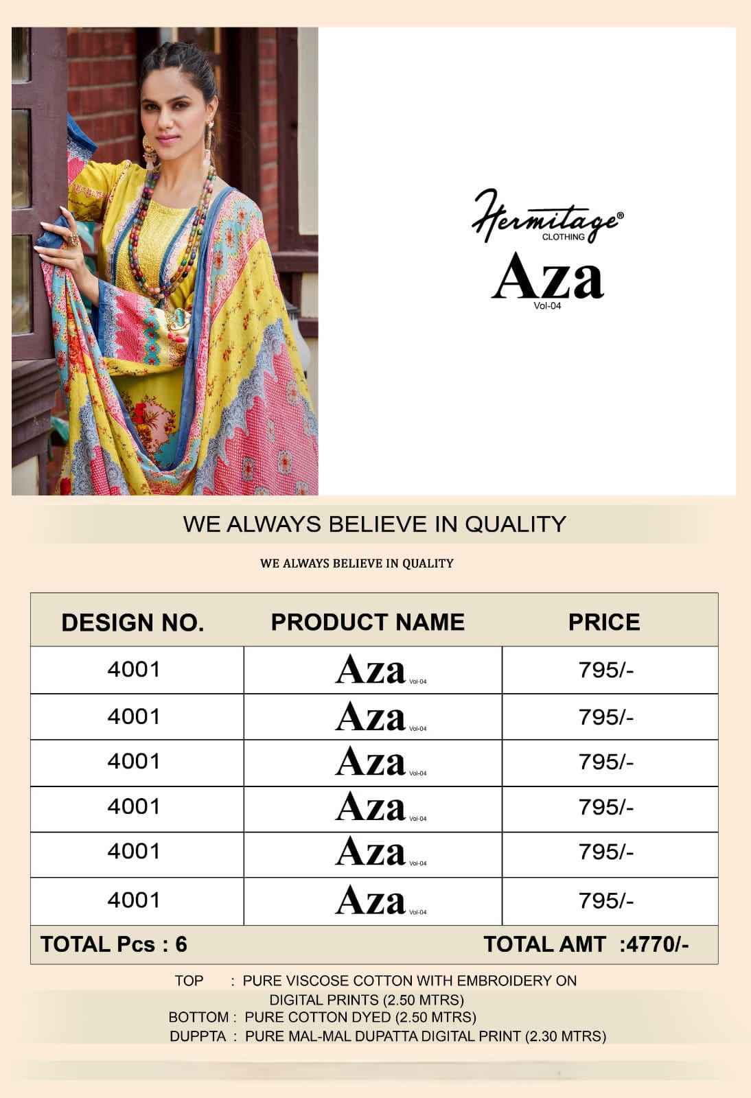 Hermitage Aza Vol 4 Cotton Dress Material 6 pcs Catalogue