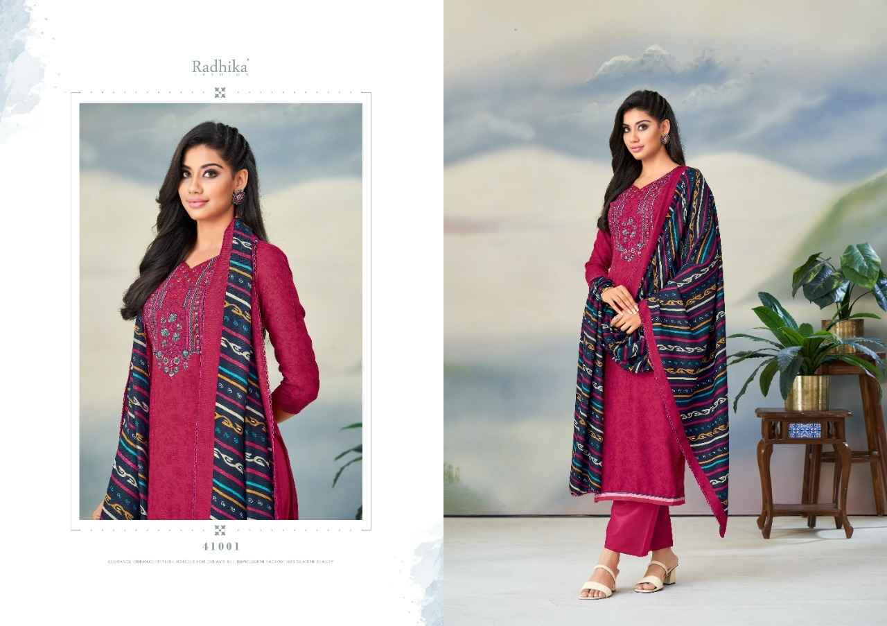 Radhika Sumyra Gulnaaz Pashmina Dreass Material 8 pcs Catalogue