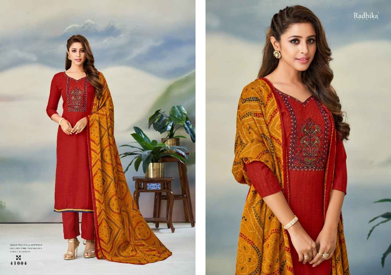 Radhika Sumyra Gulnaaz Pashmina Dreass Material 8 pcs Catalogue