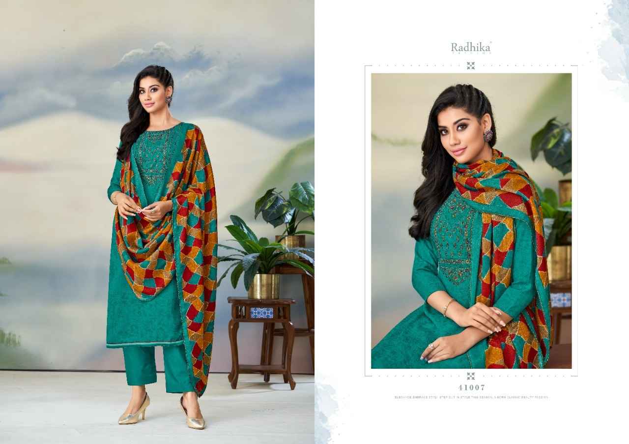 Radhika Sumyra Gulnaaz Pashmina Dreass Material 8 pcs Catalogue