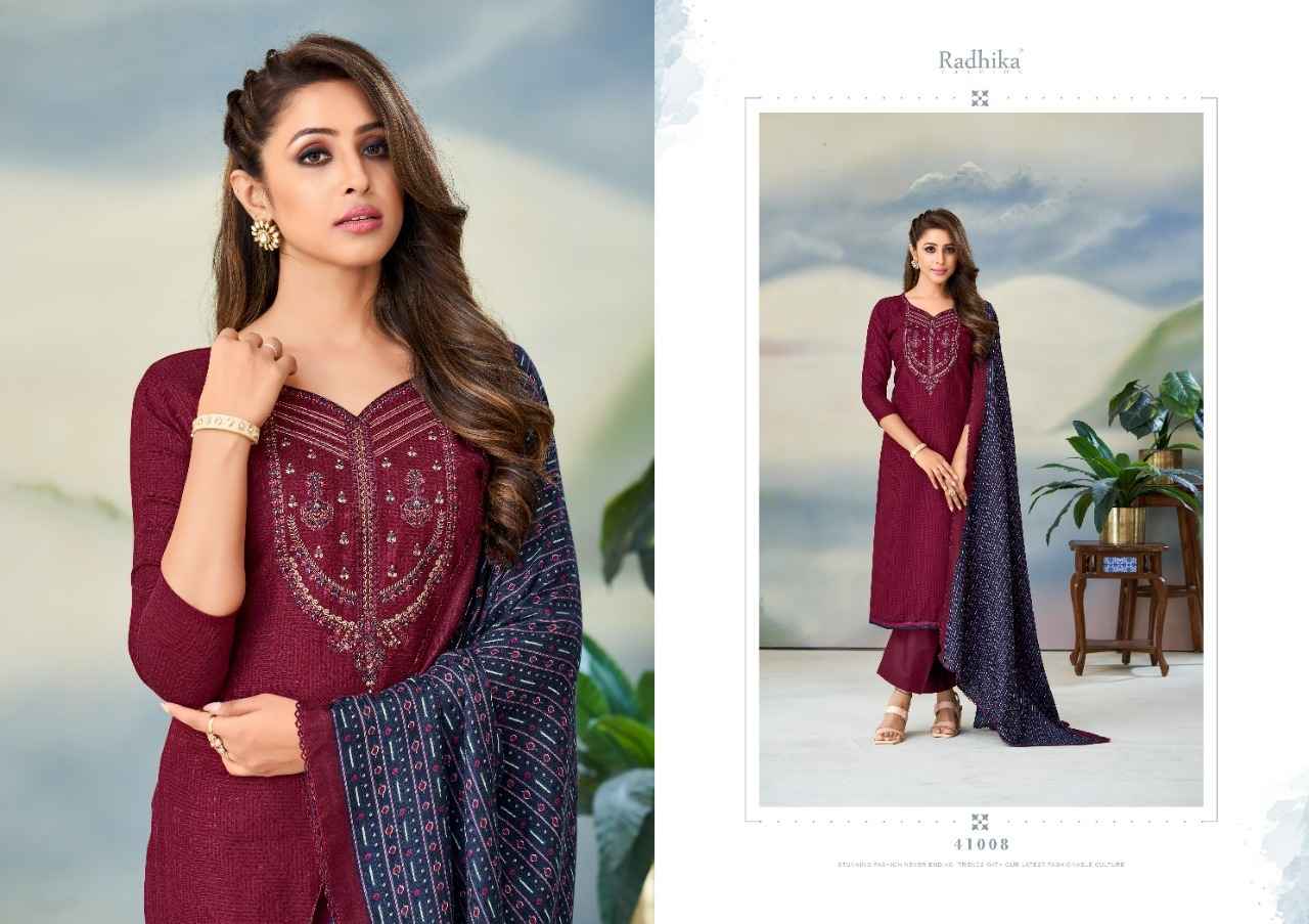 Radhika Sumyra Gulnaaz Pashmina Dreass Material 8 pcs Catalogue