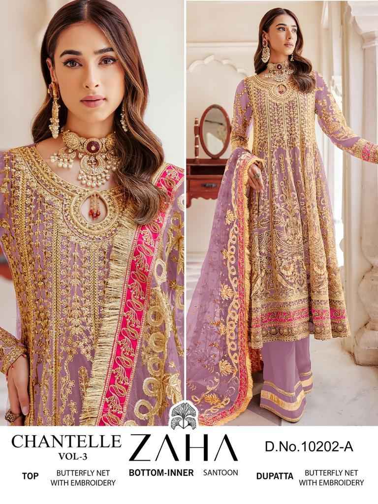 Zaha Chantelle Vol 3 Butterfly Net Dress Material 4 pcs Catalogue