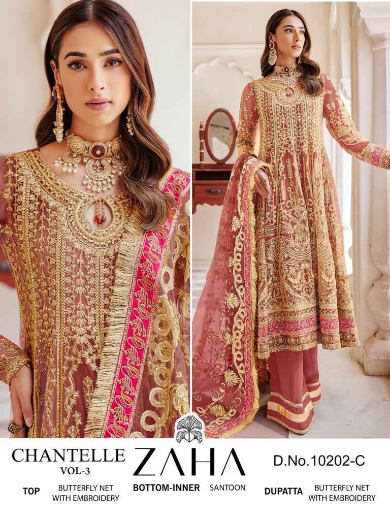Zaha Chantelle Vol 3 Butterfly Net Dress Material 4 pcs Catalogue