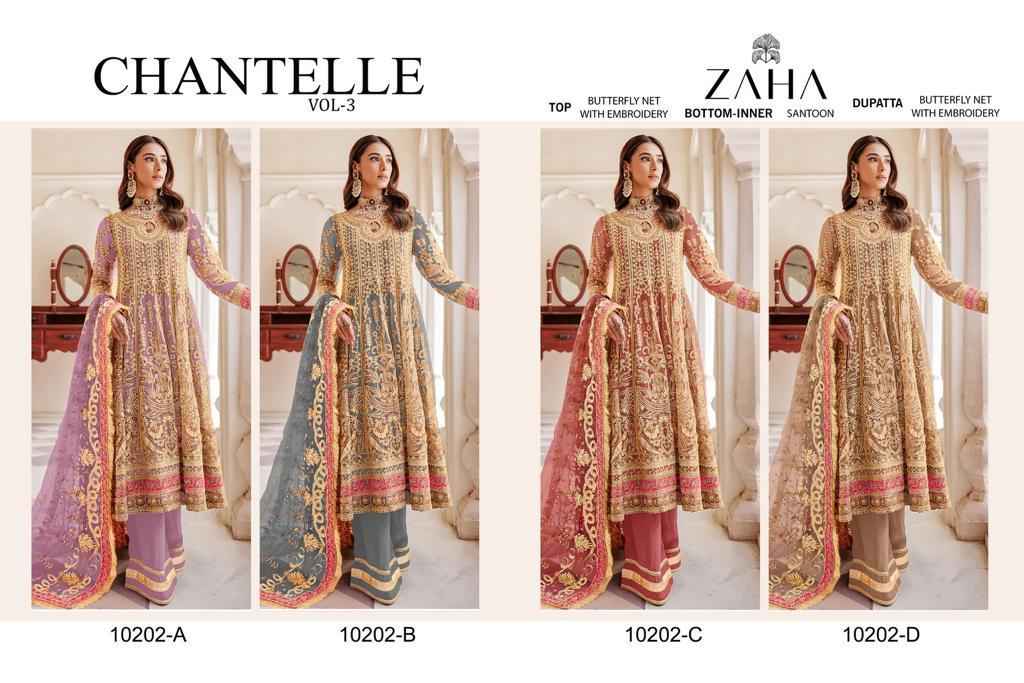 Zaha Chantelle Vol 3 Butterfly Net Dress Material 4 pcs Catalogue