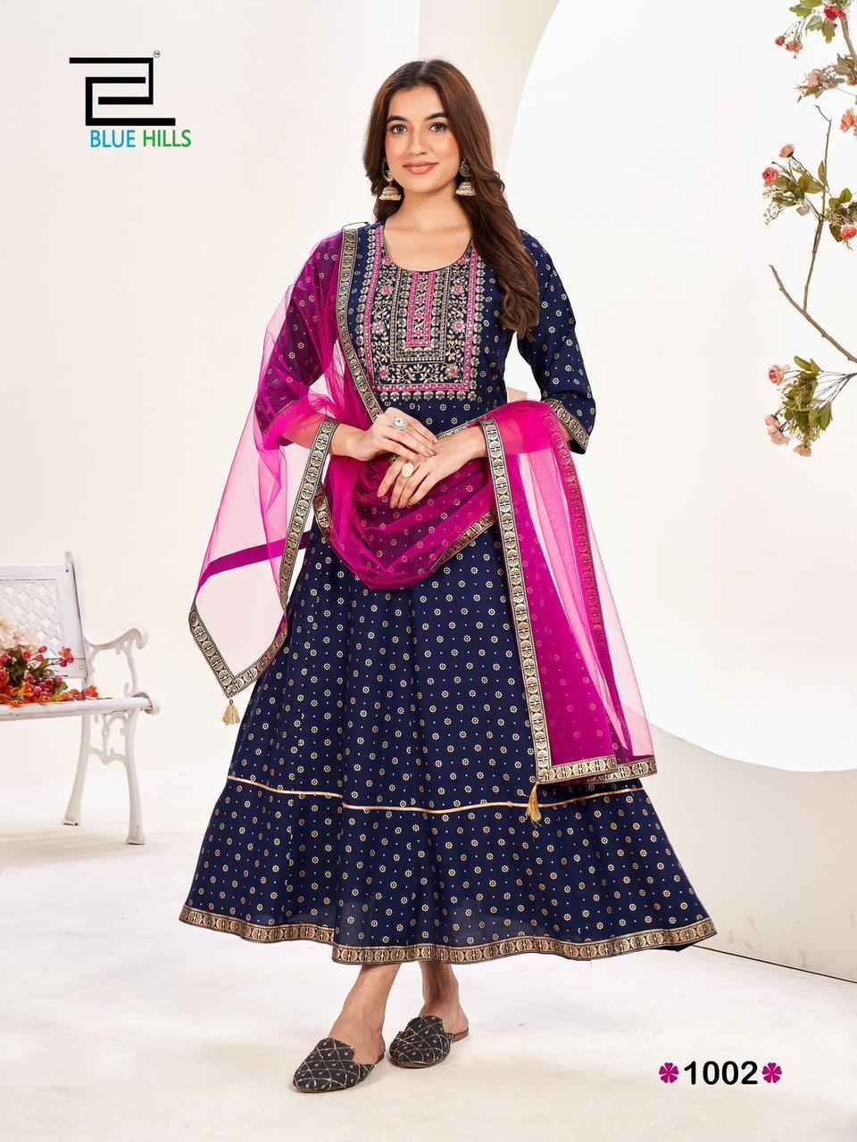 Blue Hills Manika Mage Hithe Vol 20 Rayon Gown With Dupatta 6 pcs Catalogue