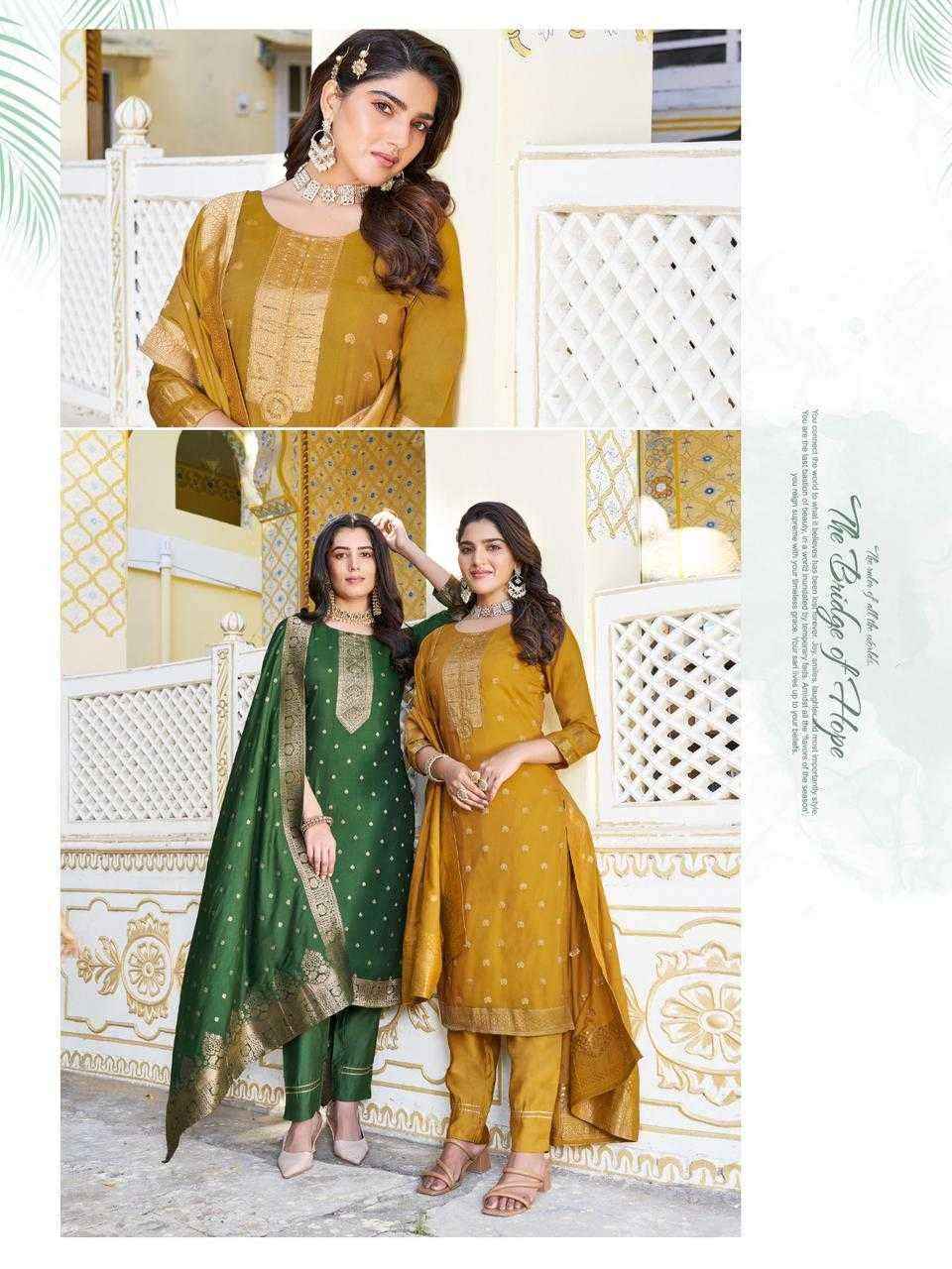 Ladies Flavour Blossm Chanderi Dolla Jaquard Kurti Combo 4 pcs Catalogue