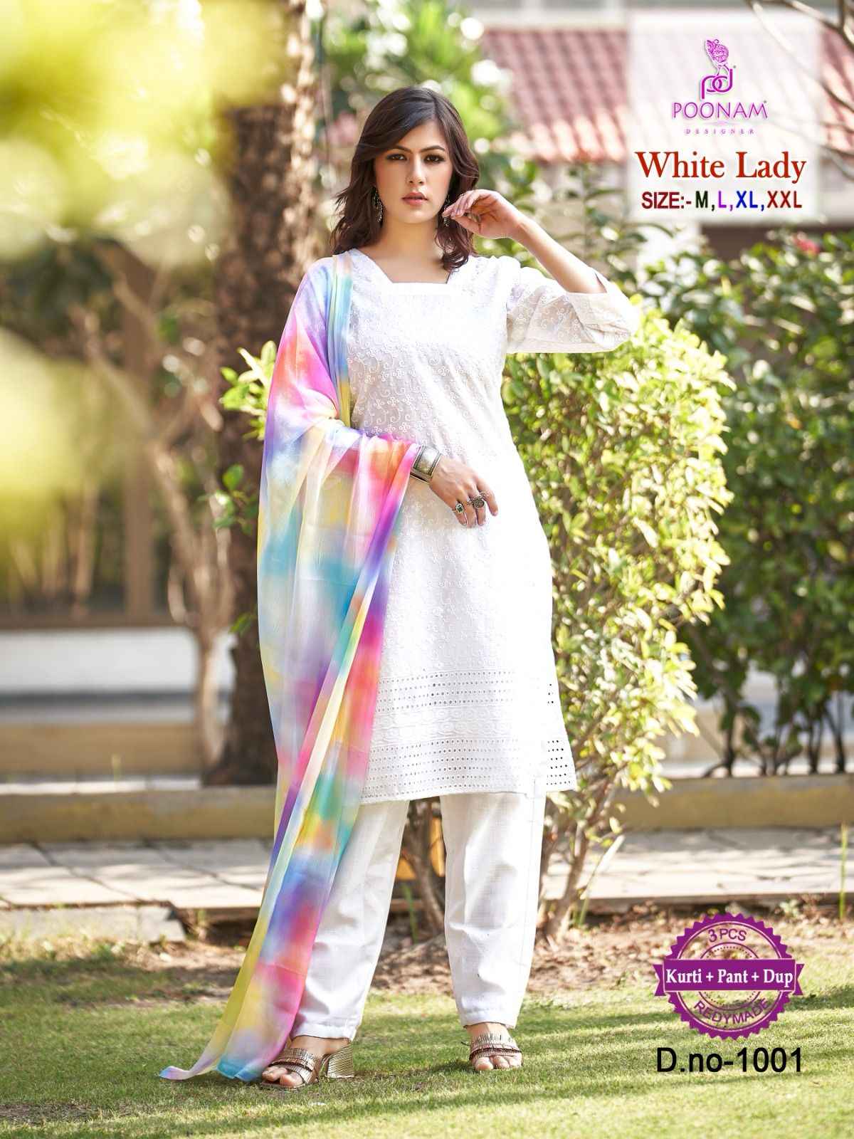 Poonam Designer White Lady Chikankari Cotton Kurti Combo 8 pcs Catalogue