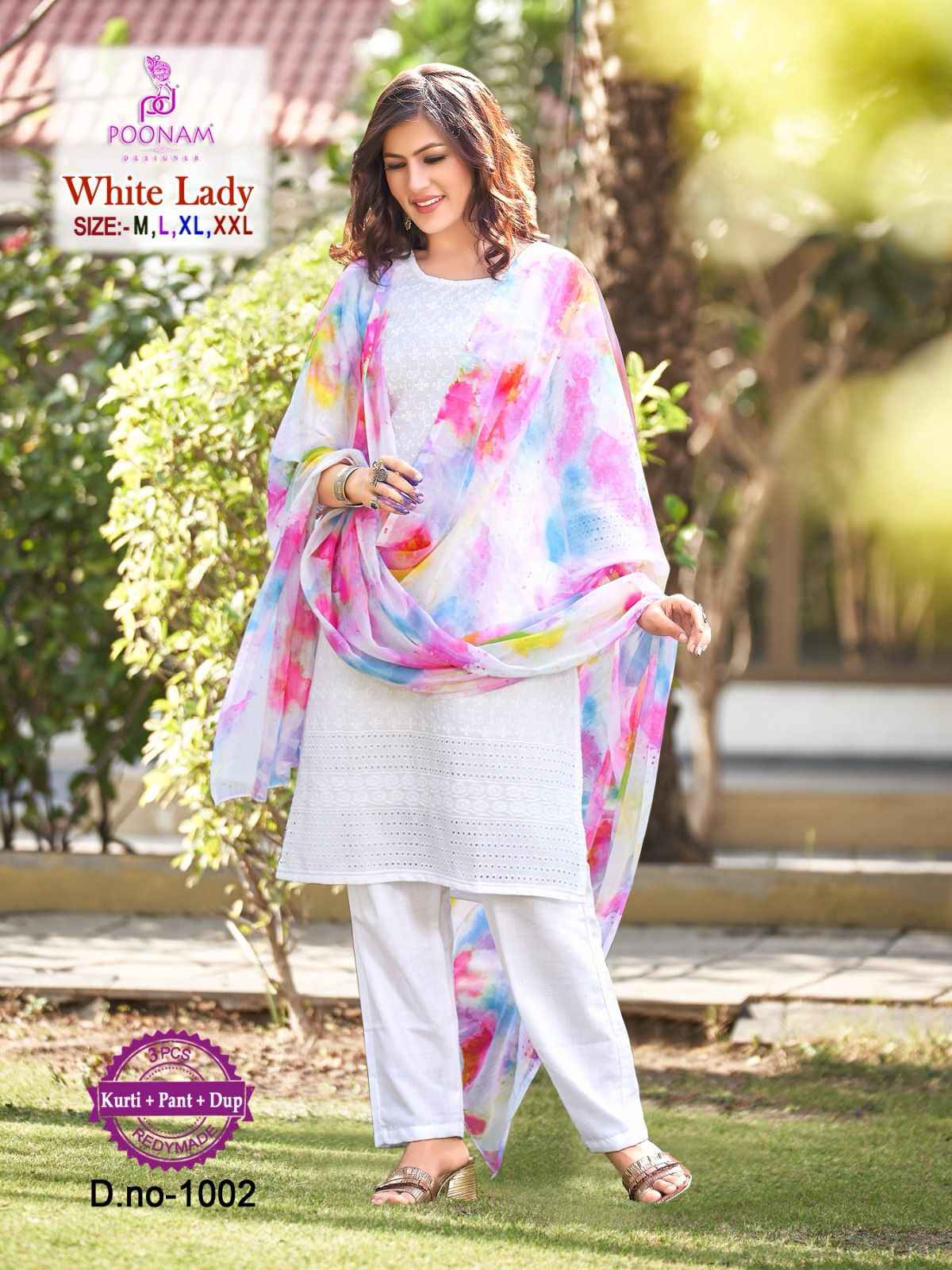 Poonam Designer White Lady Chikankari Cotton Kurti Combo 8 pcs Catalogue