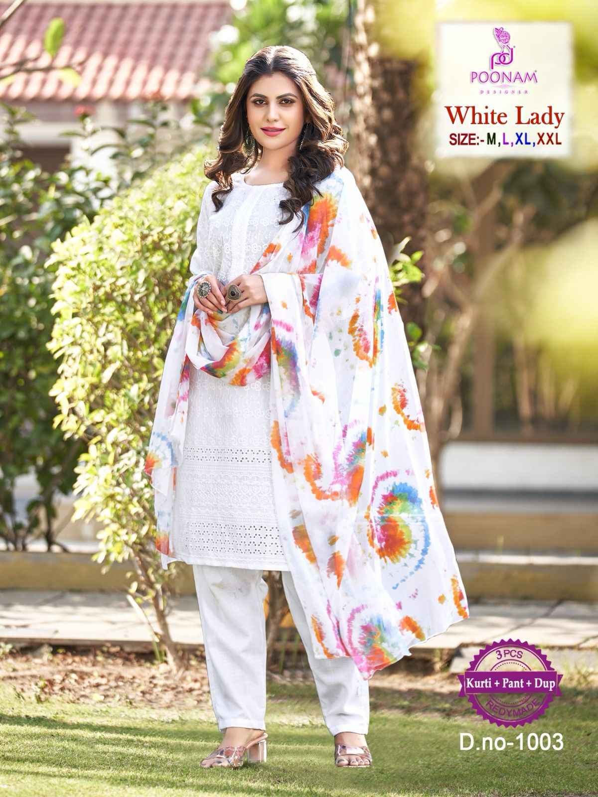 Poonam Designer White Lady Chikankari Cotton Kurti Combo 8 pcs Catalogue