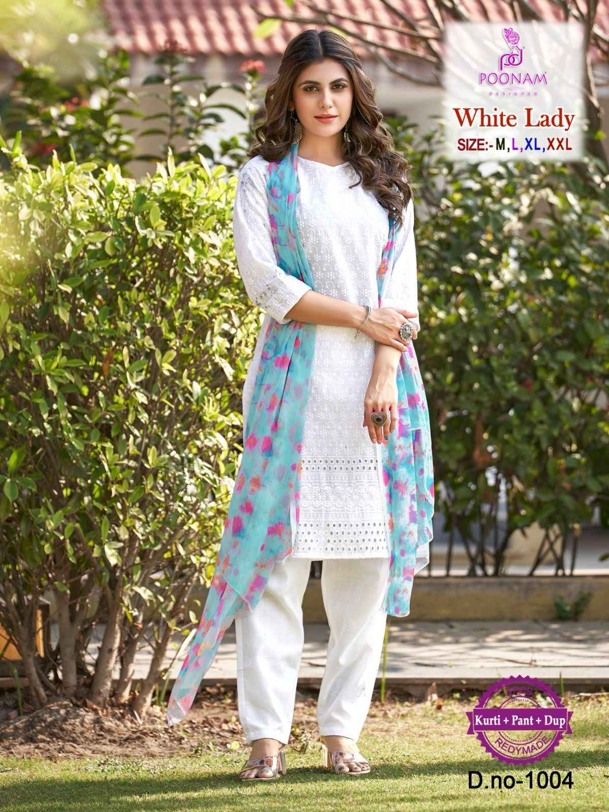 Poonam Designer White Lady Chikankari Cotton Kurti Combo 8 pcs Catalogue