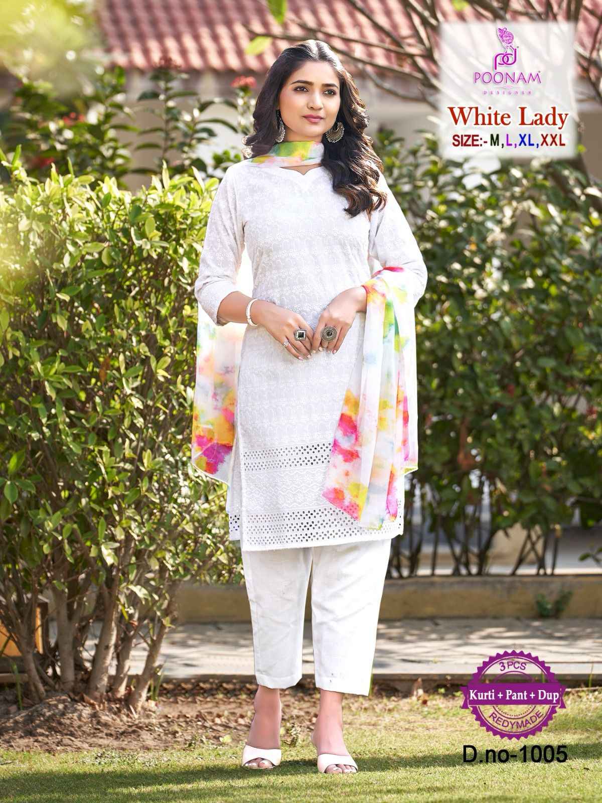 Poonam Designer White Lady Chikankari Cotton Kurti Combo 8 pcs Catalogue