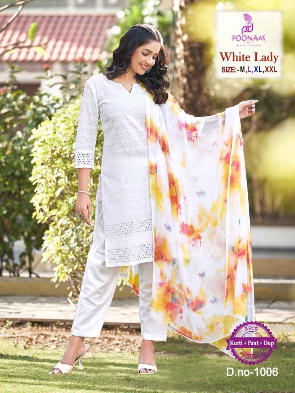 Poonam Designer White Lady Chikankari Cotton Kurti Combo 8 pcs Catalogue