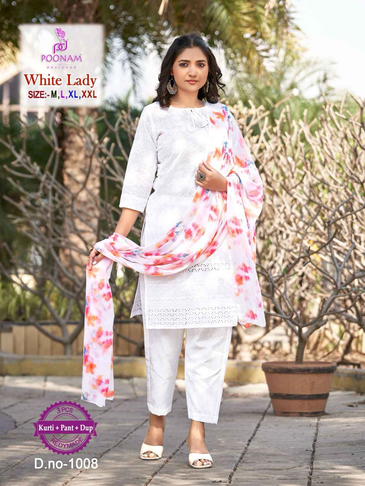 Poonam Designer White Lady Chikankari Cotton Kurti Combo 8 pcs Catalogue
