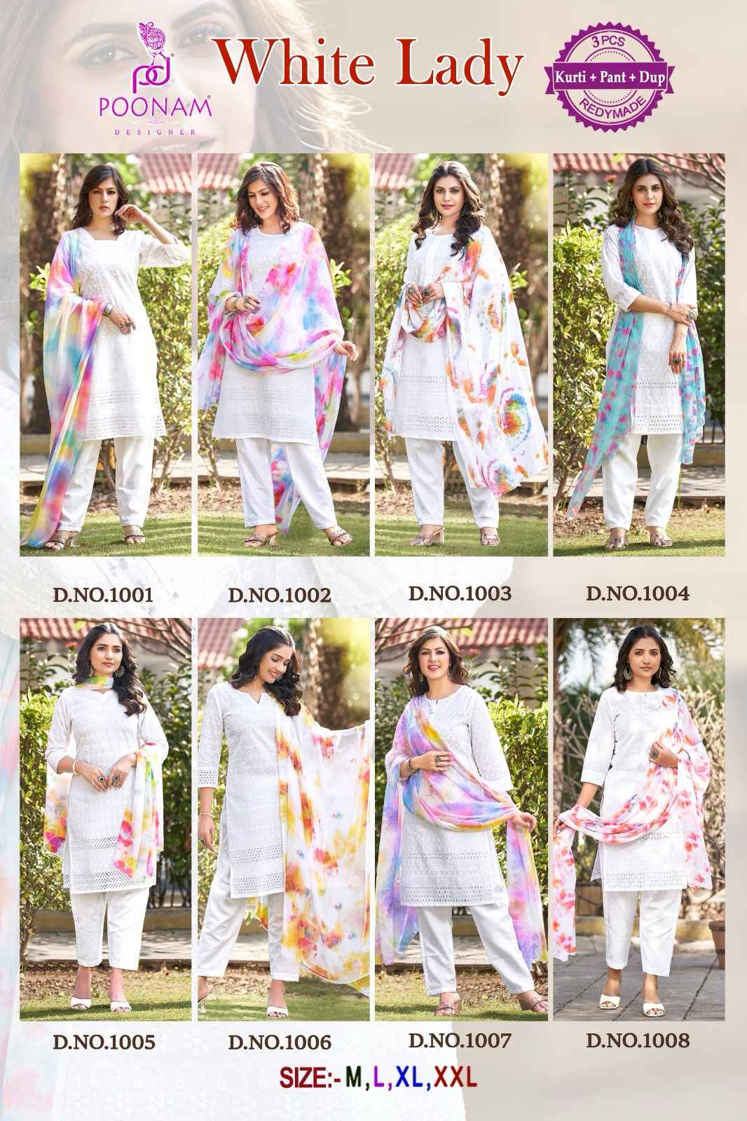 Poonam Designer White Lady Chikankari Cotton Kurti Combo 8 pcs Catalogue