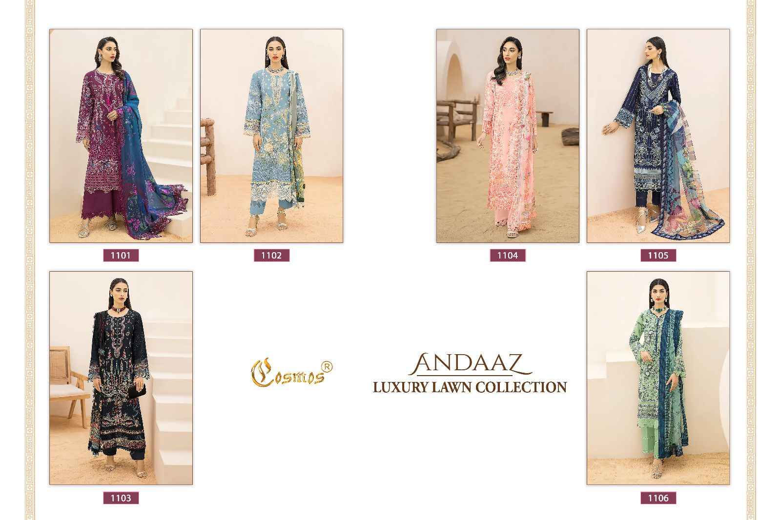 Cosmos Andaaz Luxury Lawn Collection Lawn Cotton Dress Material 6 pcs Catalogue