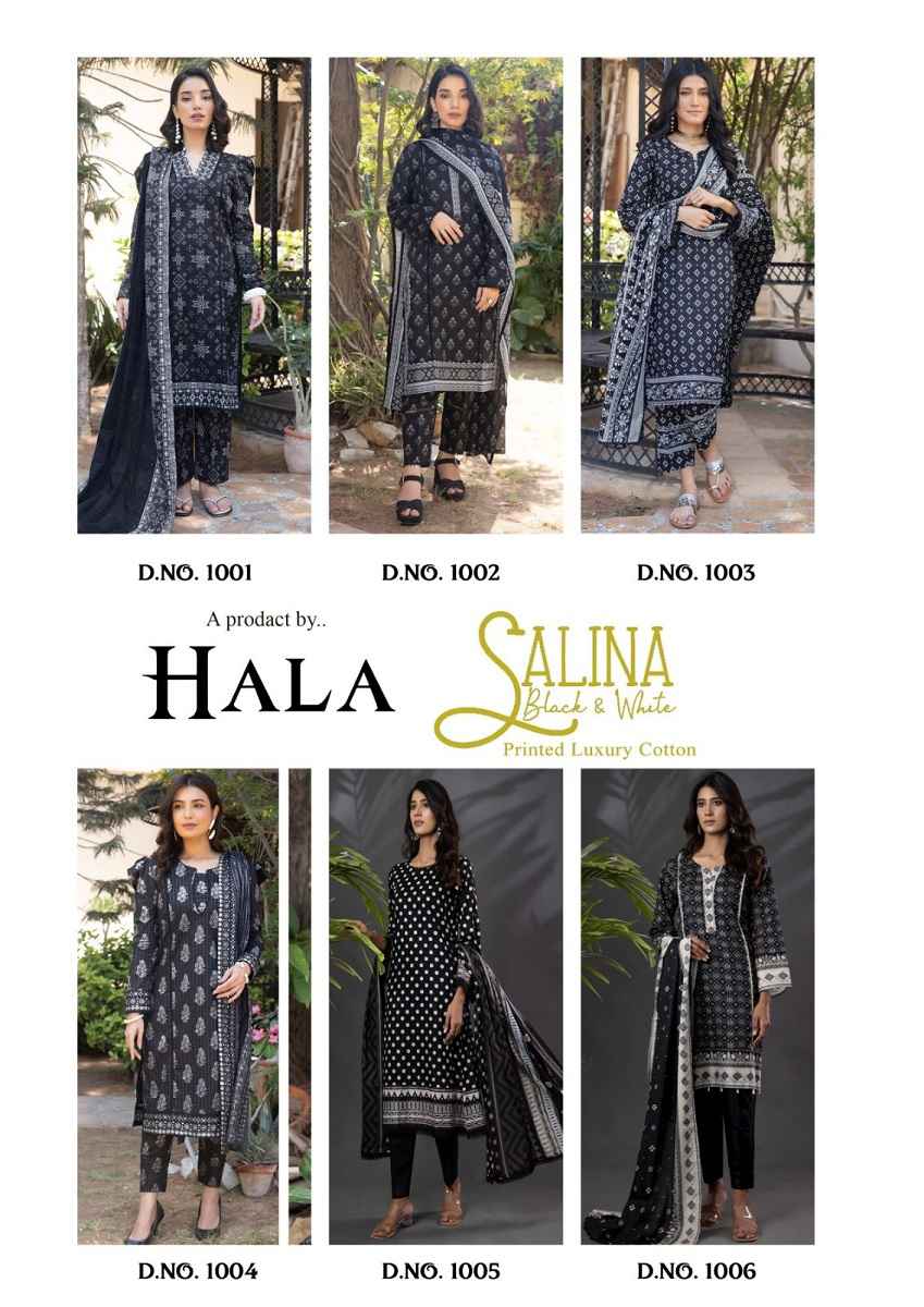 Hala Salina With Black And White Cotton Dress Material 6 pcs Catalogue