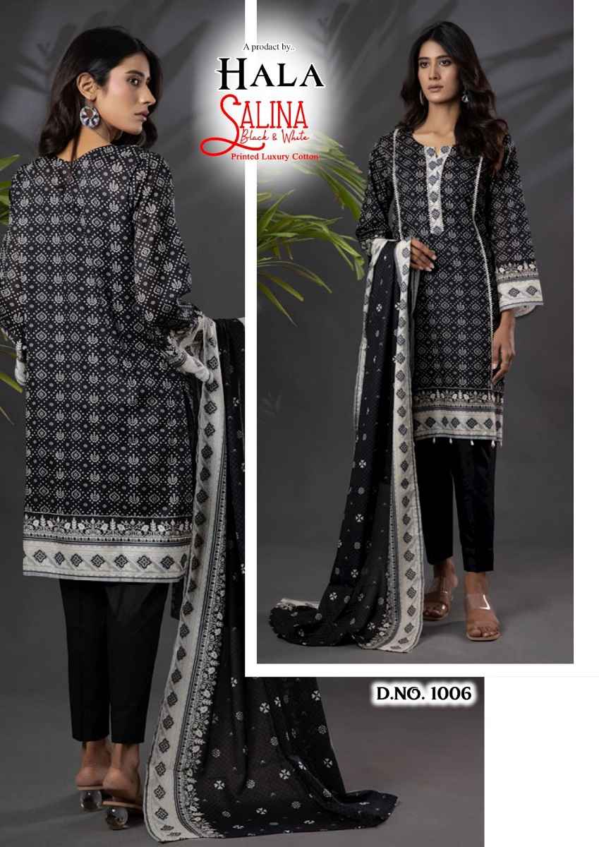 Hala Salina With Black And White Cotton Dress Material 6 pcs Catalogue