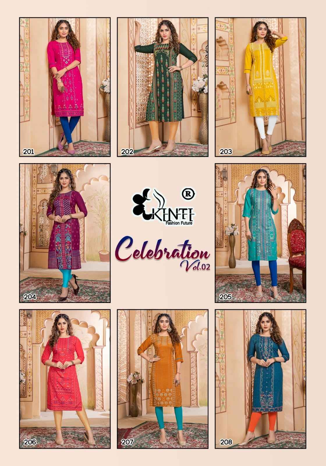 Kinti Celebration Vol 2 Rayon Kurti 8 pcs Catalogue