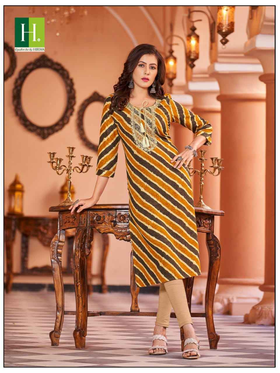 Hirwa Leheriya Heavy Rayon Foil Print Kurti 8 Pc Catalog