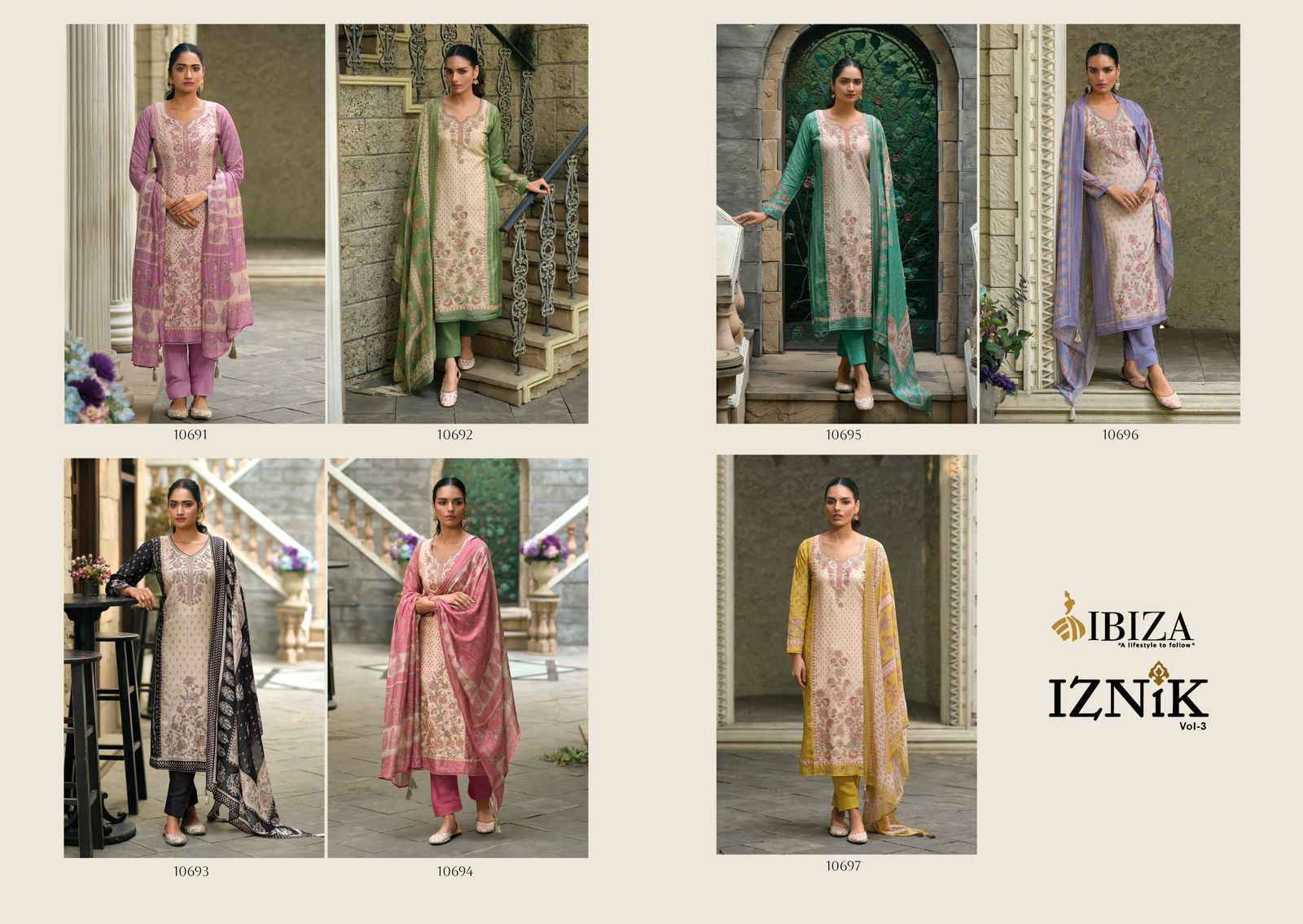 Ibiza Iznik Vol-3 Pure Simar Muslin Dress Material 7 Pc Catalog