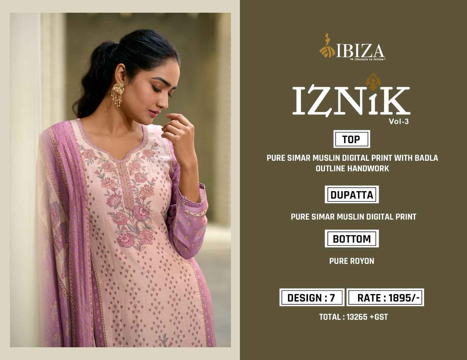 Ibiza Iznik Vol-3 Pure Simar Muslin Dress Material 7 Pc Catalog