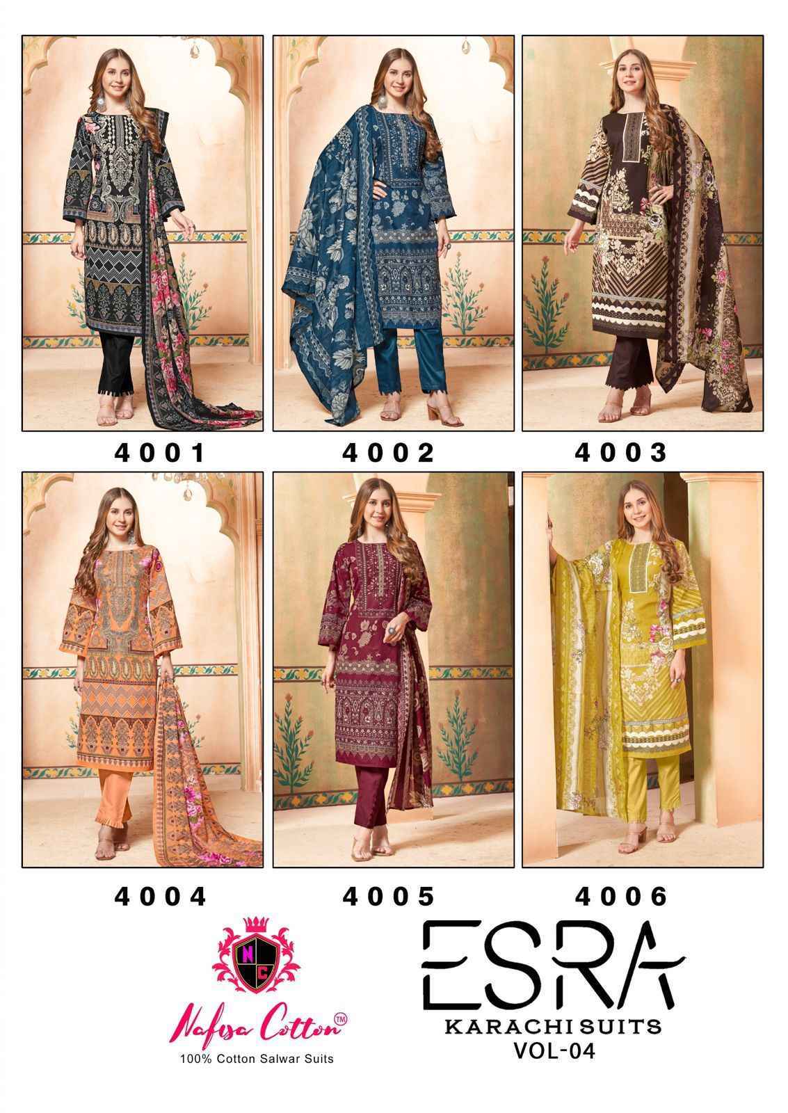 Nafisa Cotton Esra Karachi Vol-4 Cotton Dress Material 6 Pc Catalog