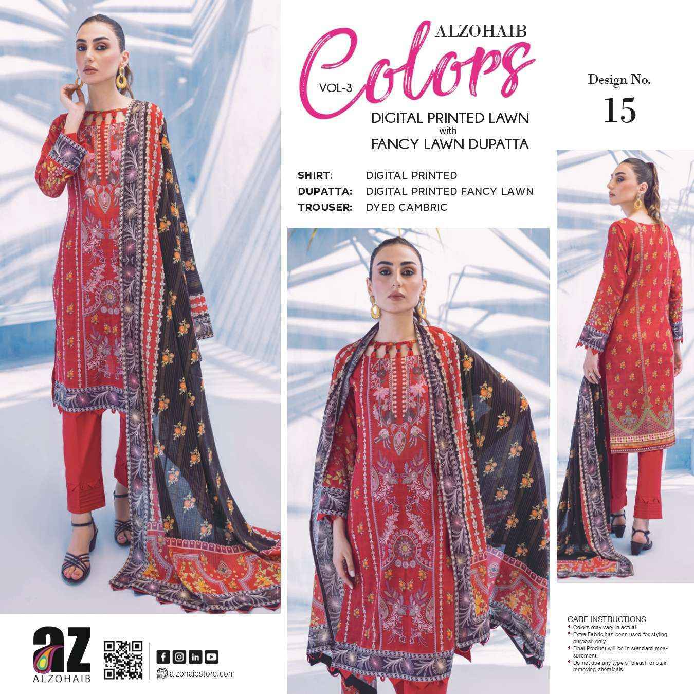 Al Zohaib Colors Vol 3 Lawn Cotton Dress Material 15 pcs Catalogue