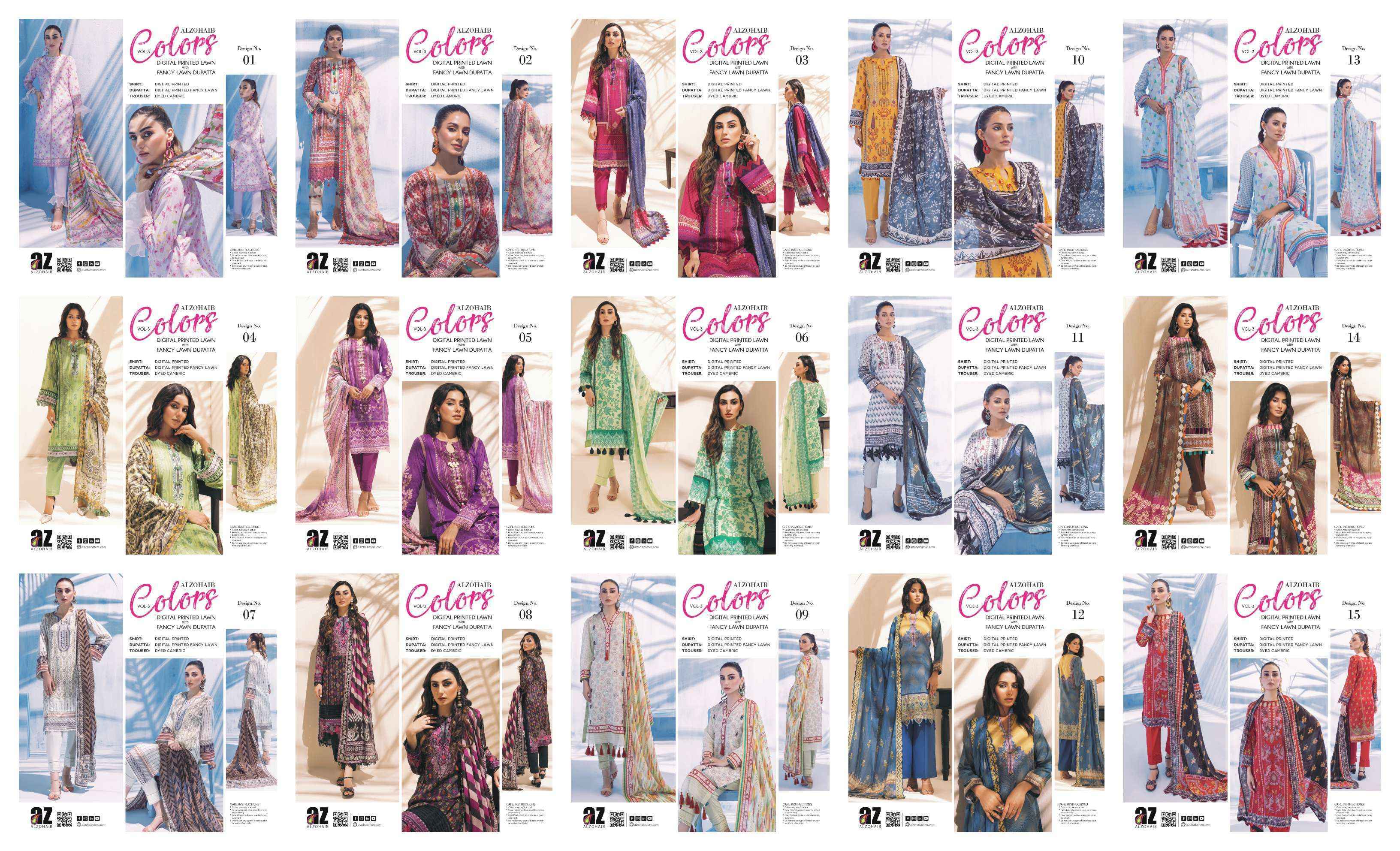 Al Zohaib Colors Vol 3 Lawn Cotton Dress Material 15 pcs Catalogue