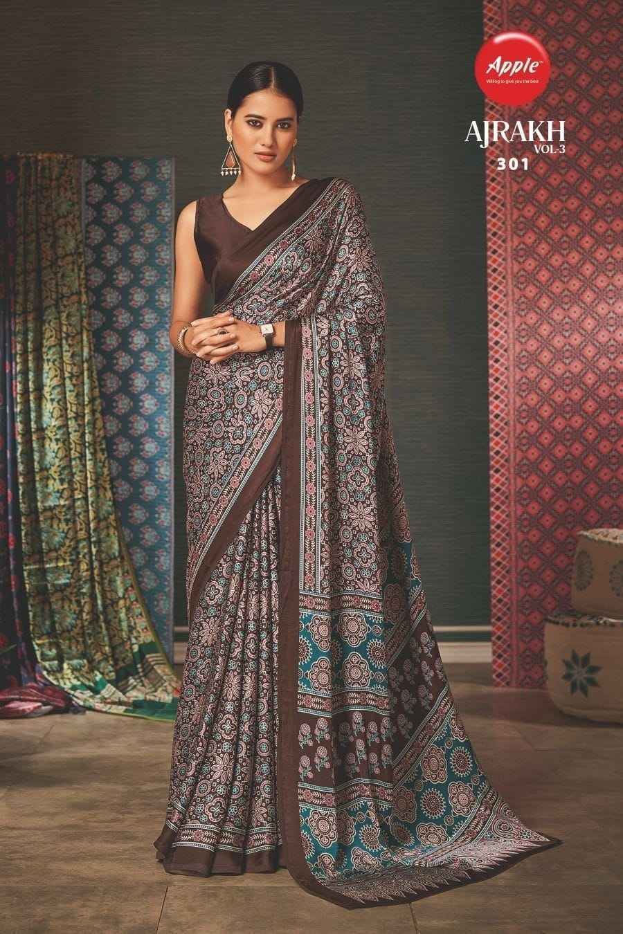 Apple Ajrakh Vol-3 Japan Crape Saree 12 Pc Catalog