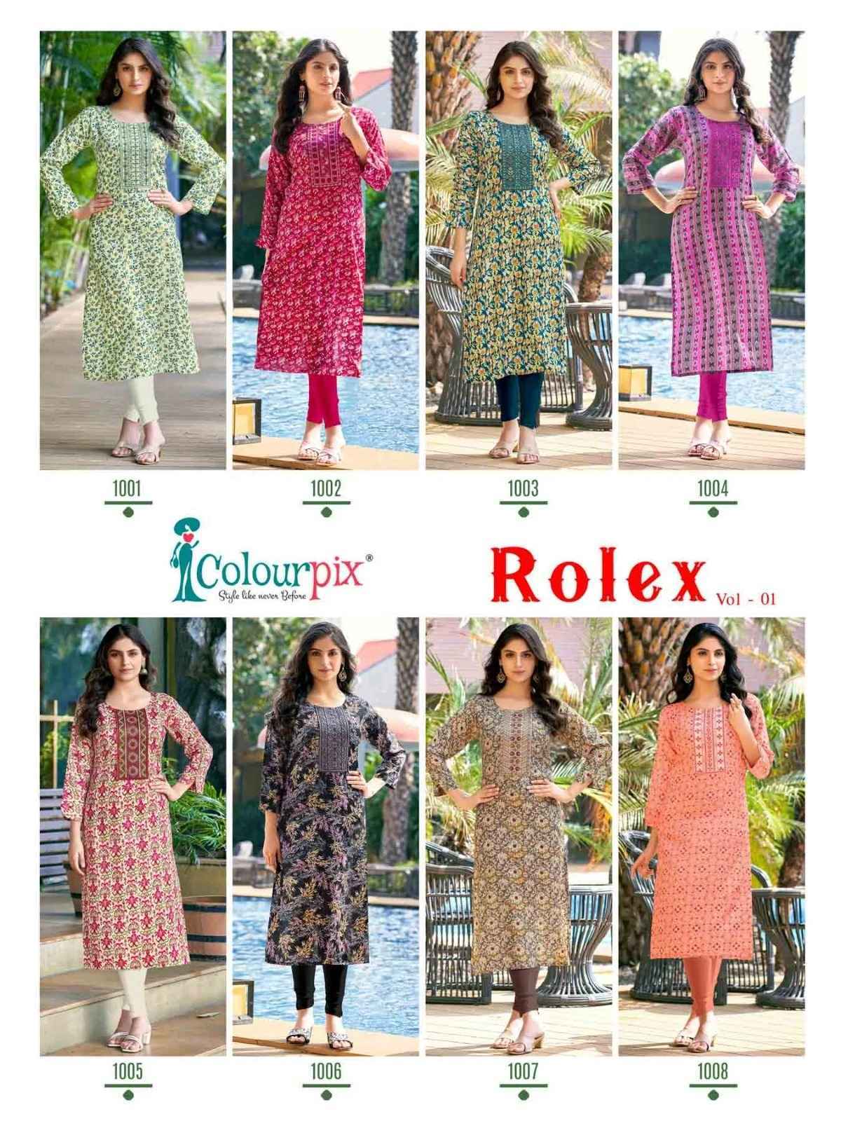 Colourpix Rolex Vol-1 Heavy Rayon Kurti 8 pcs Catalogue