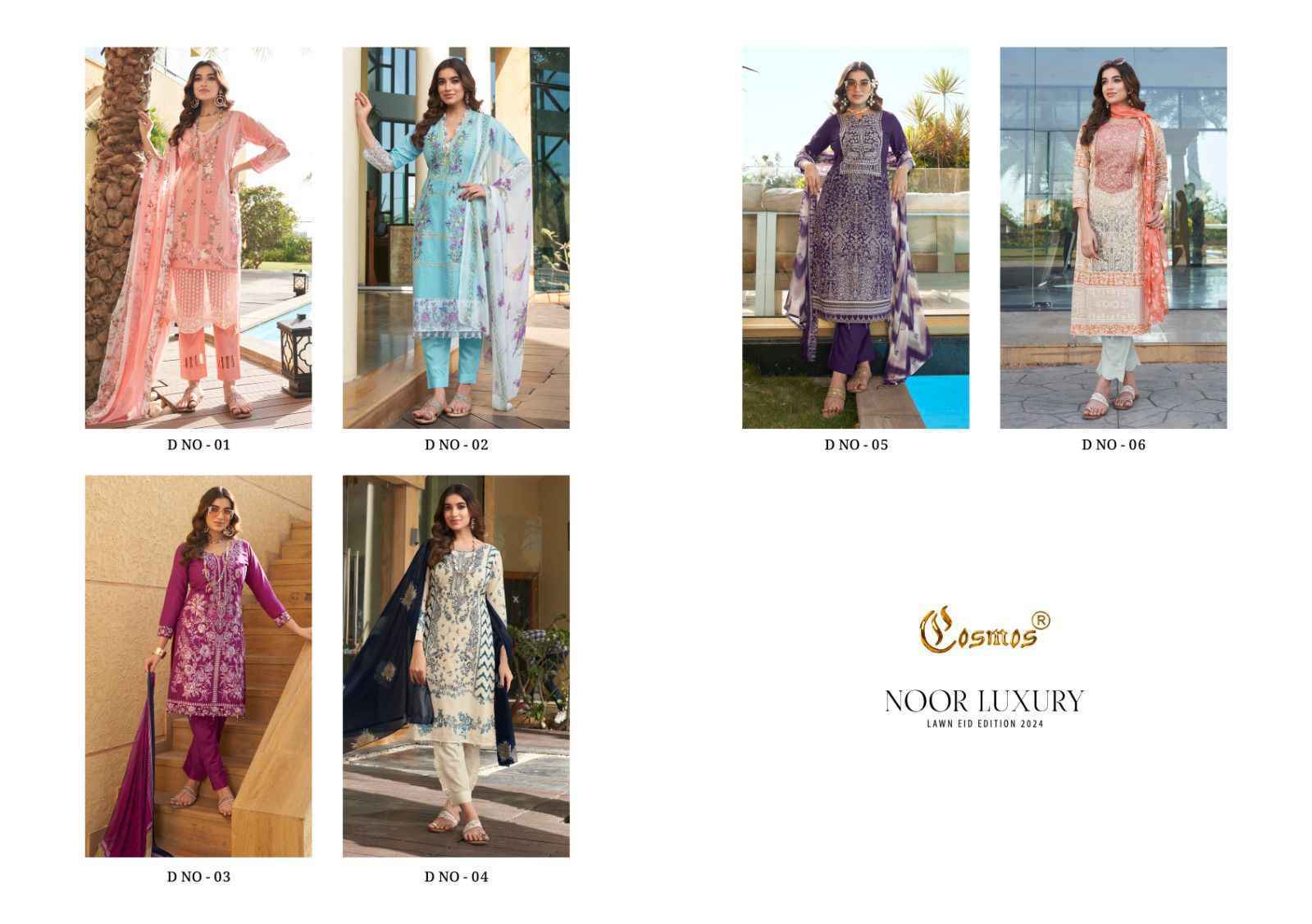 Cosmos Noor Luxury Lawn Eid Edition 2024 Collection Dress Material 6 Pc Catalog