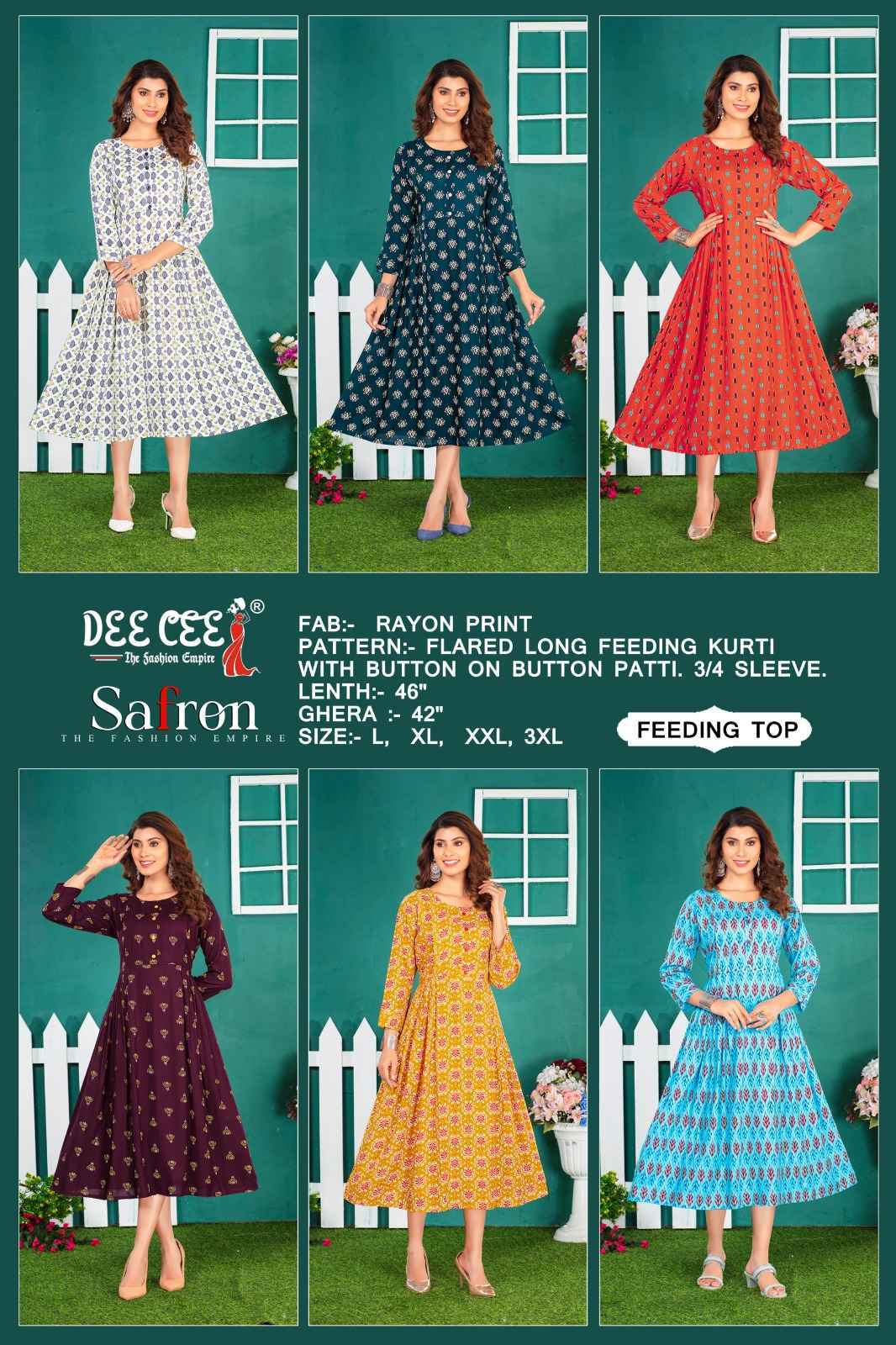 Dee Cee Safron Rayon Print Long Feeding Kurti 6 Pc Catalog