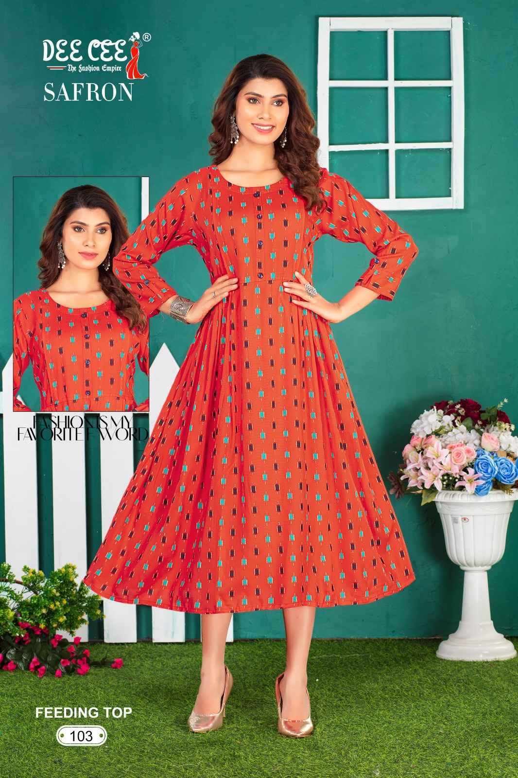 Dee Cee Safron Rayon Print Long Feeding Kurti 6 Pc Catalog