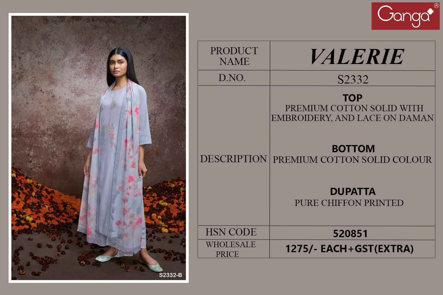 Ganga Valerie Premium Cotton Dress Material 4 Pc Catalog