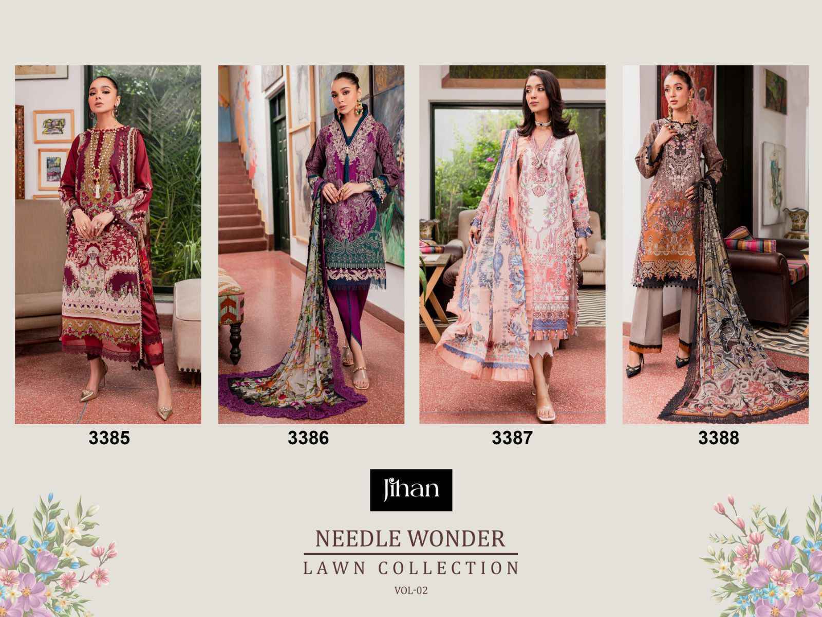 Jihan Needle Wonder Lawn Collection Vol-2 Cotton Dress Material 4 pc Cataloge