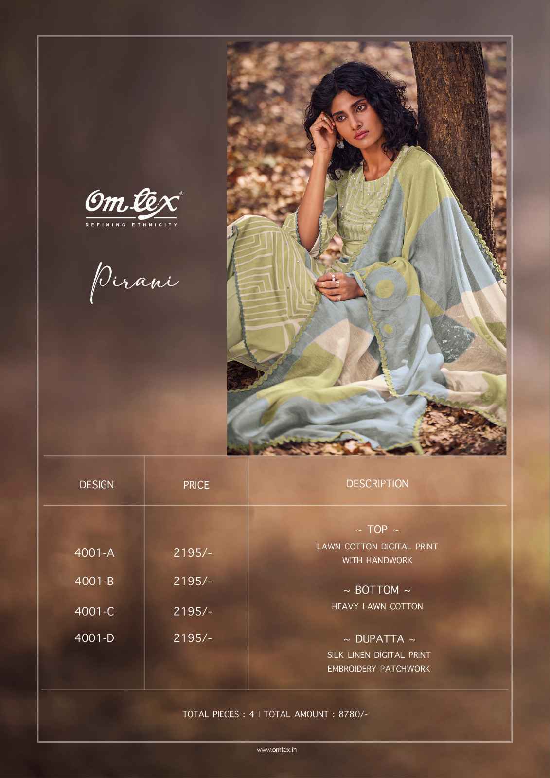 Omtex Pirani Lawn Cotton Dress Material 4 Pc Catalouge