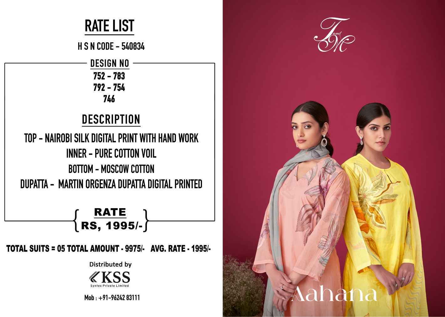 T&M Aahana Nairobi Silk Dress Material 5 Pc Catalouge