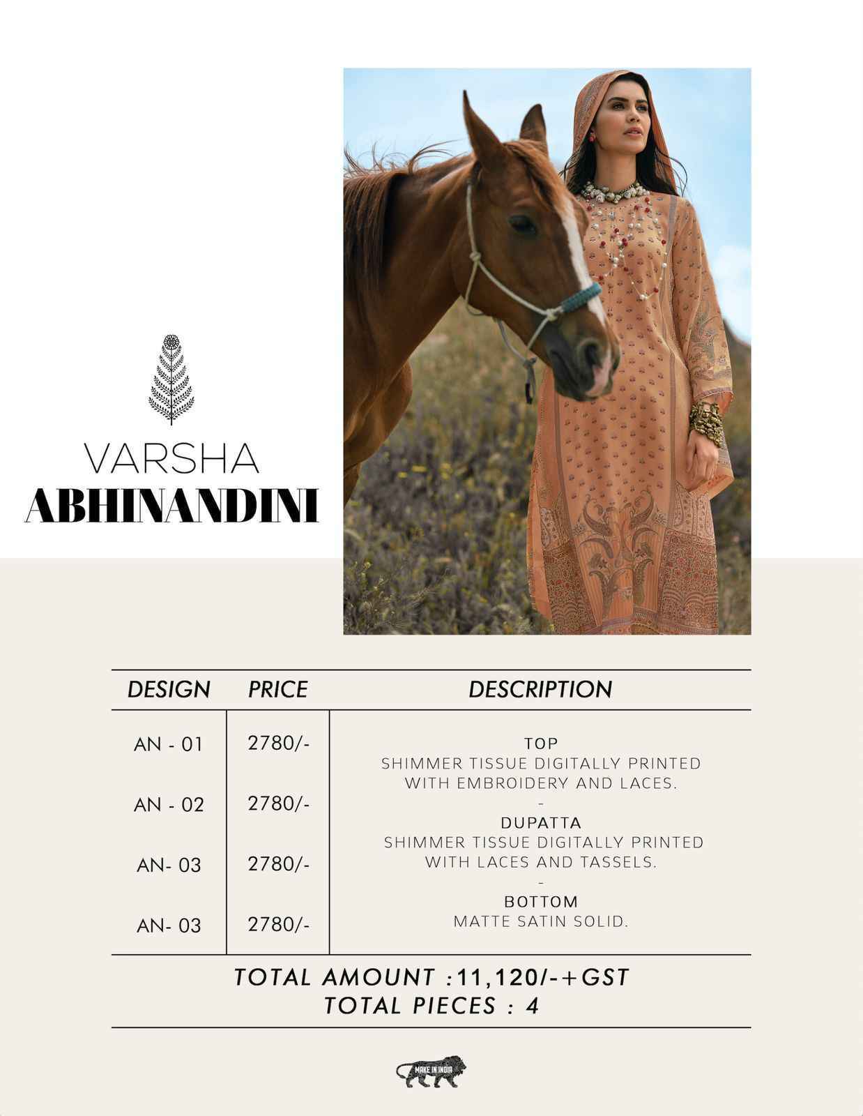 Varsha Abhinandini Shimmer Tissue Print Dress Material 4 Pc Catalog