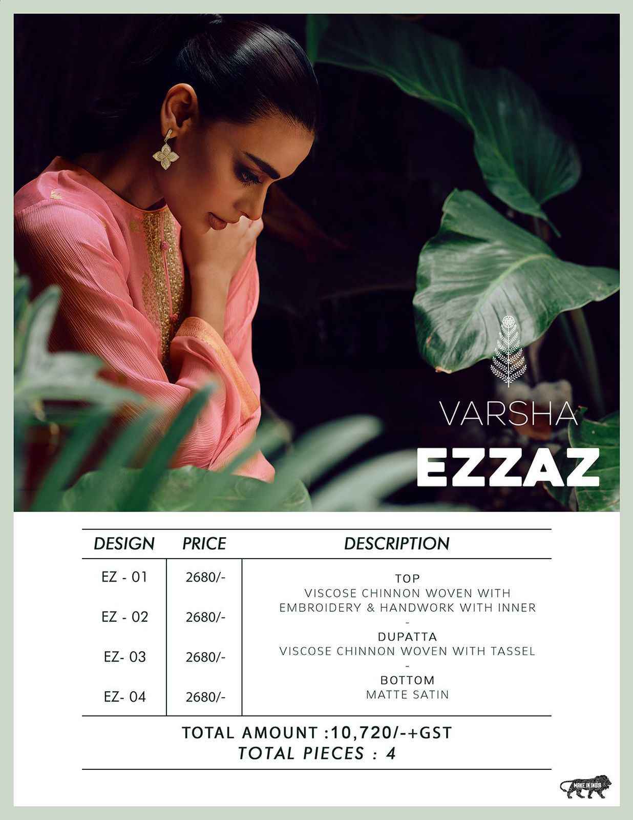 Varsha Ezzaz Viscose Chinon Dress Material 4 Pc Catalog