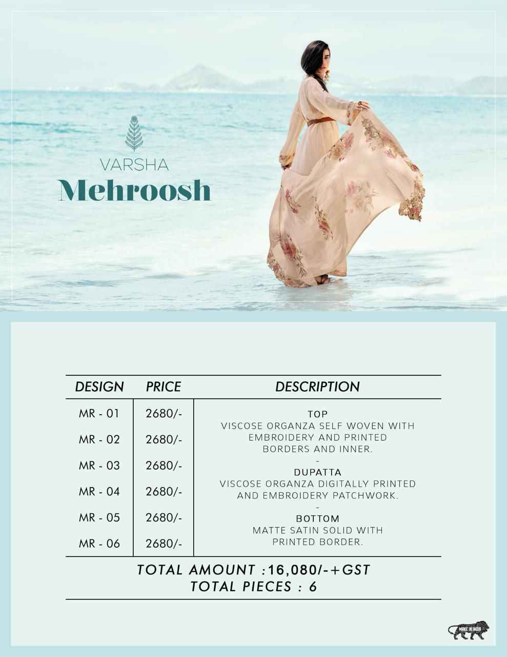 Varsha Mehroosh Viscose Organza Self Woven Dress Material 6 Pc Catalog