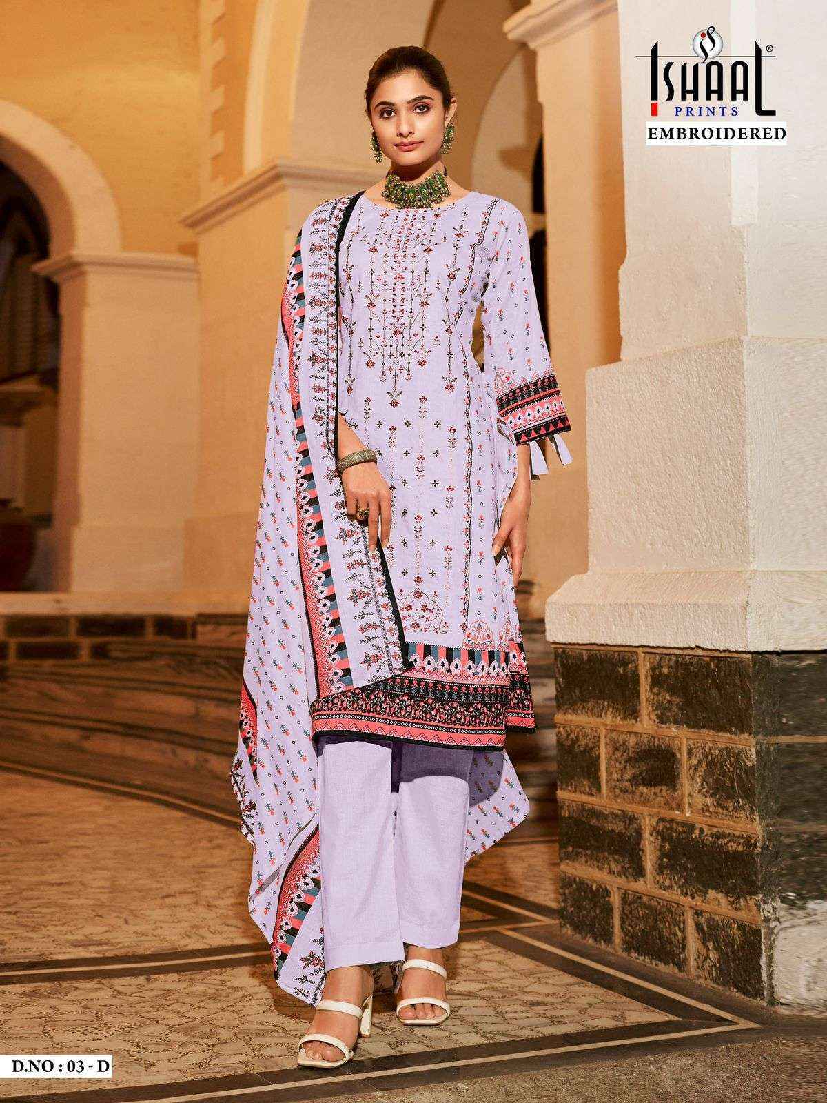 Ishaal Prints Embroidered D No 03 Lawn Cotton Dress Material 4 pcs Catalogue